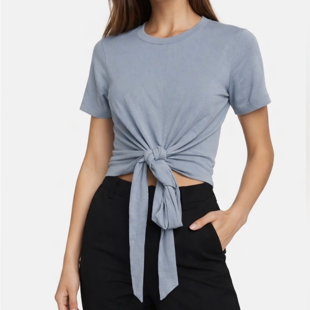 Modern Citizen Jude Cropped Tie-Front Top in Blue Grey Size Small Short Sleeve
